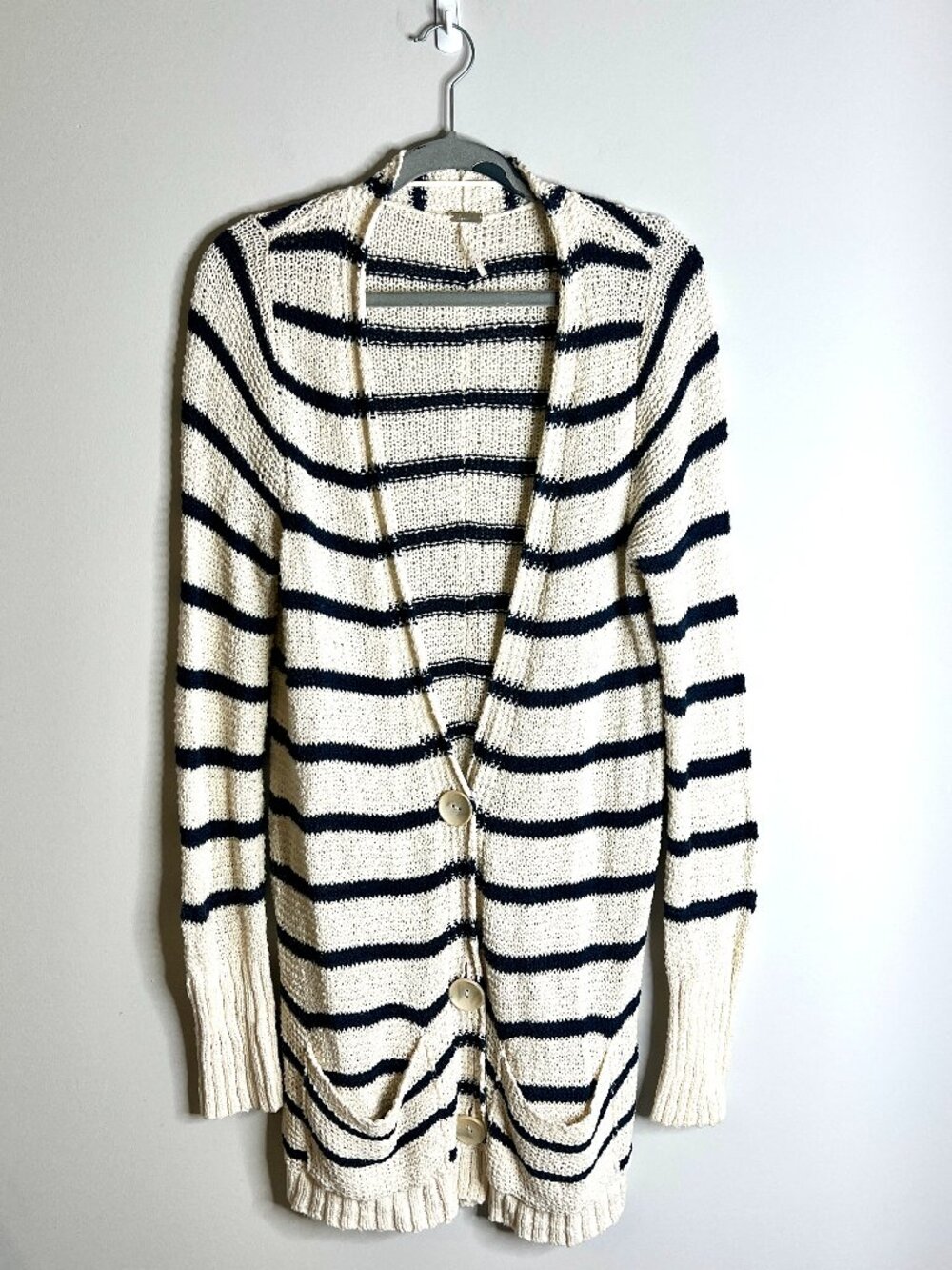 Free People Beach Long-Lined Navy Striped Cardigan Sweater Fall Transiton Sz M